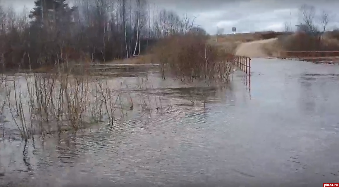 В Сети опубликовали фотографии затопленного моста в псковской деревне Песчанка