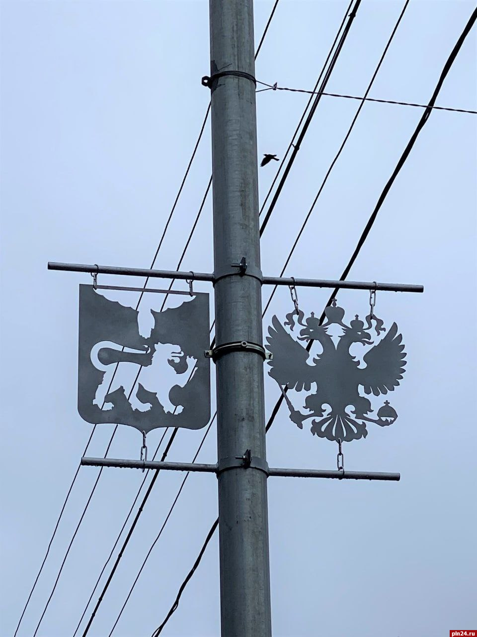 Гербами России и Пскова украсили стойки у перекрестков в областном центре. ФОТО