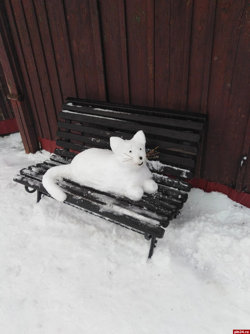 «Тоже ждут весну»: котов из снега слепили в Опочке. ФОТО