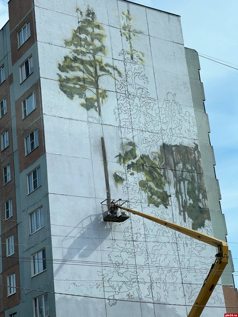 Новый мурал рисуют на доме на улице Лепешинского в Пскове. ФОТО
