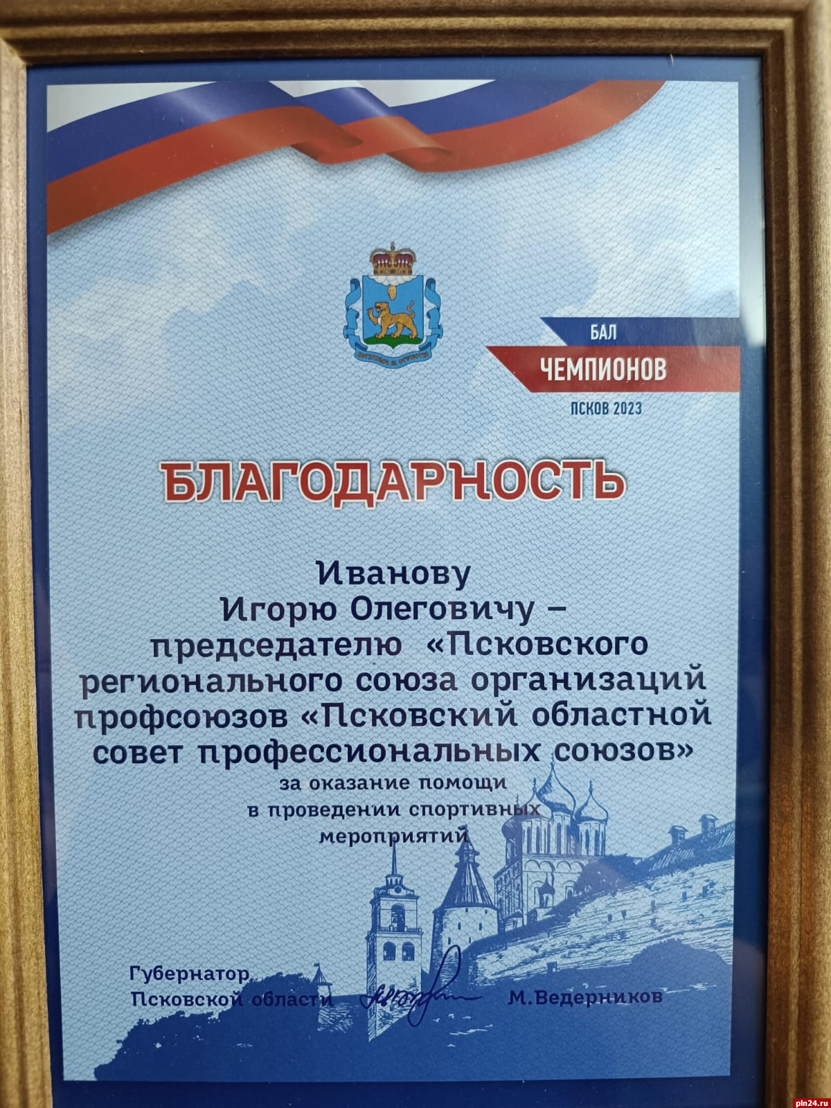 Главу Псковского облсовпрофа наградили за помощь в проведении спортивных мероприятий