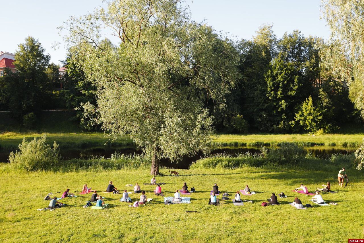 Бесплатное занятие по йоге проходит в Финском парке в Пскове